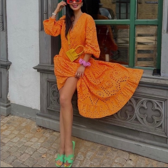 NWT Zara embroidered openwork neon orange dress bloggers fave. - Picture 9 of 14
